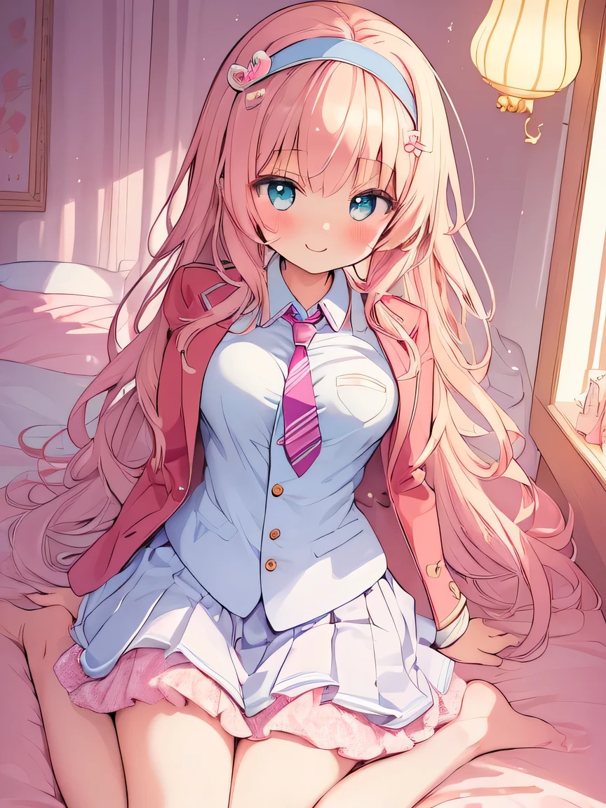 ((masterpiece)), ((best quality)), (ultra-detailed), ((kawaii)), cute, (lovely), illustration, anime style, full body, full body focus, a cute girl, own room, Blazer uniform, necktie, (beautiful eyes), beautiful hair, horseshoe-shaped hairband, slim, slender, medium breast, seductive smile.