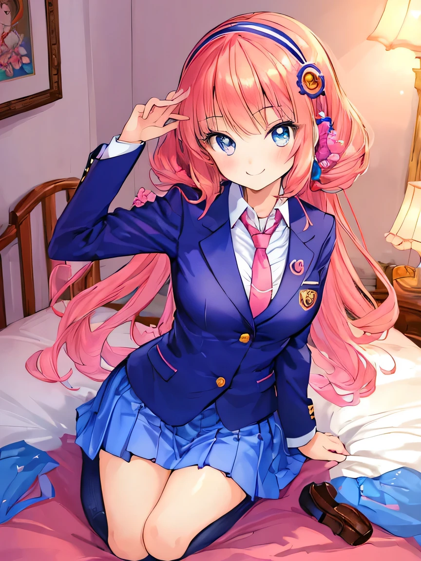 ((masterpiece)), ((best quality)), (ultra-detailed), ((kawaii)), cute, (lovely), illustration, anime style, full body, full body focus, a cute girl, own room, Blazer uniform, necktie, (beautiful eyes), beautiful hair, horseshoe-shaped hairband, slim, slender, medium breast, seductive smile.