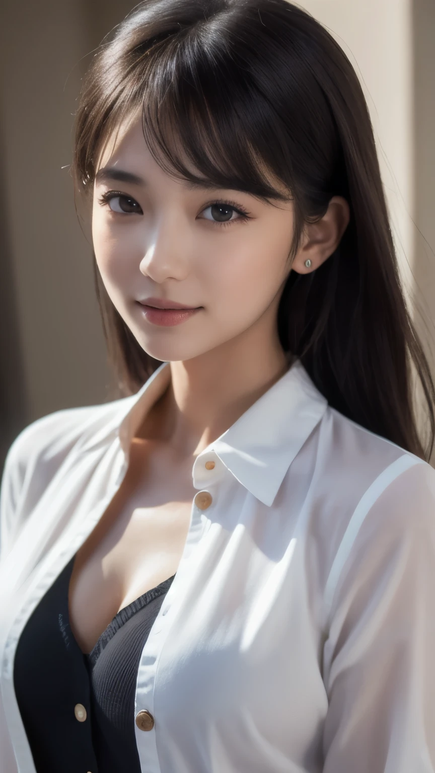 (Buttons that match the length of the shirt: 1.2), (Unbuttoned shirt: 1.1), big, Deep valley, highest quality, masterpiece, figure, Very delicate and beautiful, Very detailed, CG, Unity, 8k wallpaper, wonderful, The finer details, Very detailedな CG Unity 8k 壁紙, ファイルサイズがbig, Very detailed, High resolution, Handsome detailed woman, Very detailedな目と顔, Stunning eye for detail, Face Light, (best figure: 1.1), (Best Shadow: 1.1), ultra High resolution, (Realistic: 1.1), (Realistic 1.2: 1.1), Realistic Face Proportions, slim, smile, (compensate: 0.4), (fluffy Iris: 1.21), Iris, Viewer's gaze, Dark brown hair, Bob Hair, Earrings, Cowboy Shot, (Irregular skin defects, vein, Wrinkles on the skin: pores: 1.2), (Dark Night Background: 1.2), (Bokeh: 1.4), shade, Outdoor
