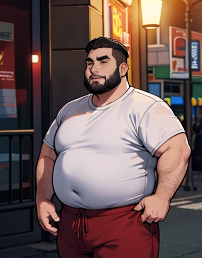 1 chubby man with extremely thick thighs , Careca, obeso, homem de meia idade, camisa branca aberta mostrando a barriga e peitoral usando apenas sunga vermelha e meias, parado na rua, looking at the sky, noite em uma cidade cyberpunk , dim street lamp, talking to the viewer gesturing with his hands, dialogando, discutindo. He&#39;s calling the viewer, he is delivering something, he is gesturing for you to come closer to him. Gargalhando, zangado, triste, muito feliz, deprimido. ((Various colored hair strands, fios do cabelo branco ou vermelho ou verde ou cinza ou azul ou laranja ou amarelo)) he is holding a glass of drinks, he is holding a glass of drink, he is holding a bottle of drink, he is holding a shop mug.