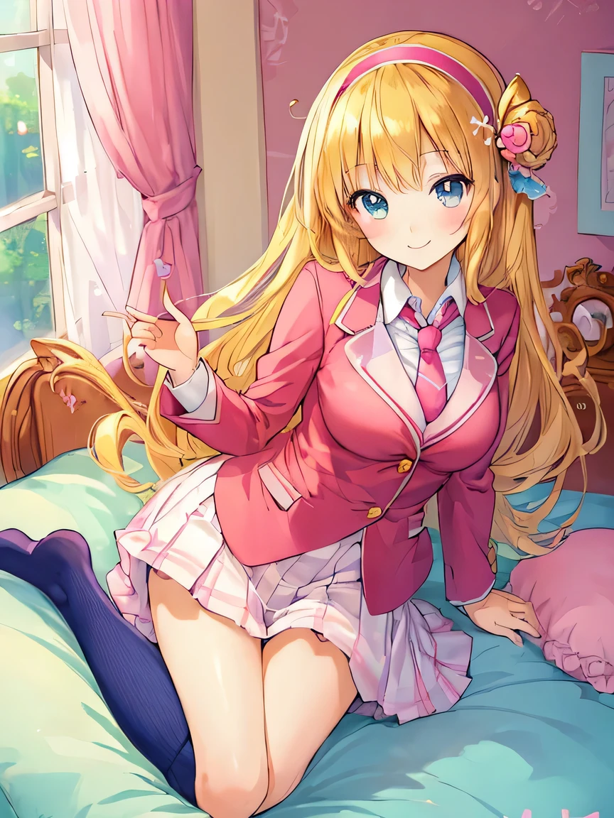 ((masterpiece)), ((best quality)), (ultra-detailed), ((kawaii)), cute, (lovely), illustration, anime style, full body, full body focus, a cute girl, own room, Blazer uniform, necktie, (beautiful eyes), beautiful hair, horseshoe-shaped hairband, slim, slender, medium breast, seductive smile.