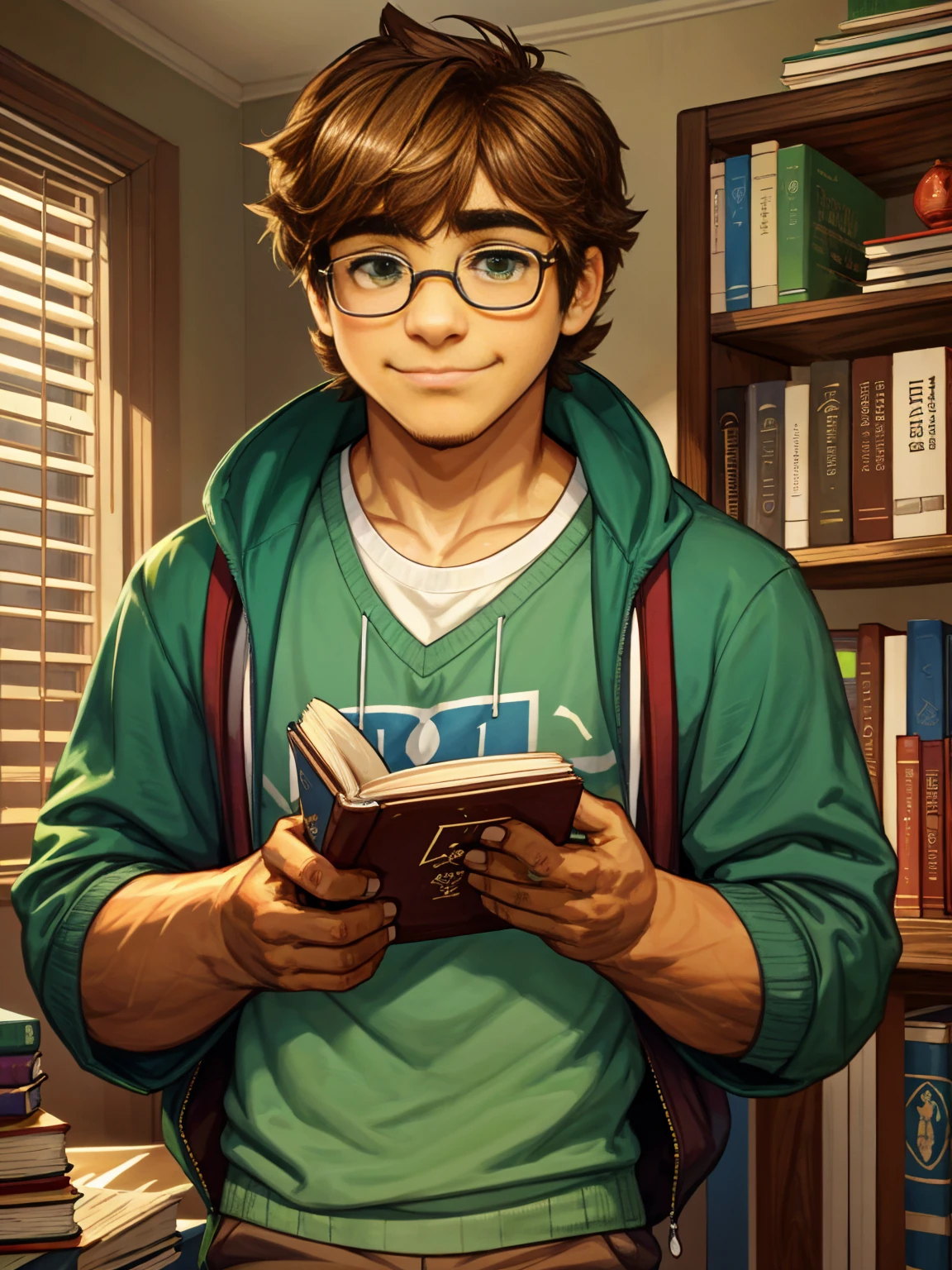 Cute, nerdy boy, brown hair, delicate face, beautiful face, shy expression and flushed cheeks, green eyes, delicate mouth, strong body. He's wearing round glasses, nerdy clothes, holding books. Scene, ager's room.
