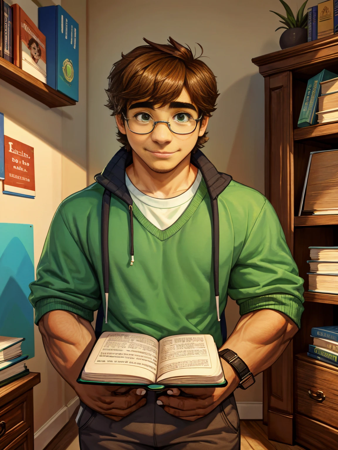 Cute, nerdy boy, brown hair, delicate face, beautiful face, shy expression and flushed cheeks, green eyes, delicate mouth, strong body. He's wearing round glasses, nerdy clothes, holding books. Scene, 's room.