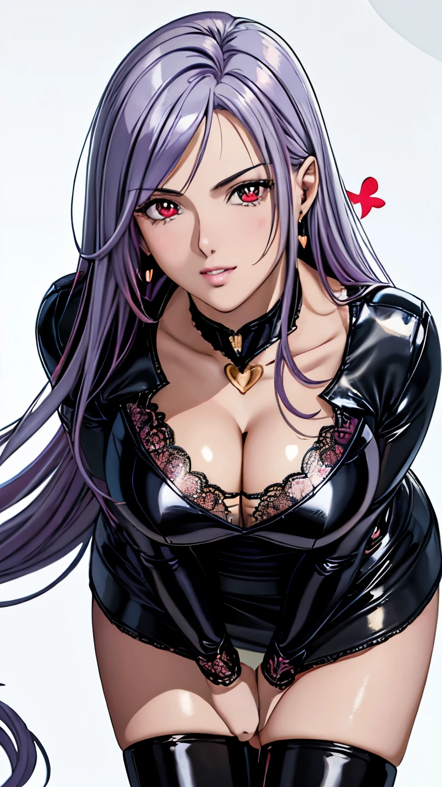 red eyes with slit pupils, (highest quality, masterpiece painting:1.3), immature woman, 16 years old, (half body shot), masterpiece, ultra high resolution, (Photoreal:1.0), ((light purple hair)),straight hair, beautiful shining hair, white and shining skin, ((Ultra realistic details)), octane rendering, highly detailed face, (big breasts:0.8), ((make a heart with hands:1.4)),  ((gold lace camisole top, black leather pencil skirt, patent leather high heel boots, cleavage)), open neckline, cleavage, perfect body, soft skin, silver earrings, (pure white background:1.4), sharp focus, intricate details, professional artwork, (bright colors:1.1), bright colors, diffused lighting, digital blending, ultra-definition body, ultra detail hair, super detailed face, trending on pixiv, top button open, Cute gaze, compensate, perfect lips, perfect compensate, Ultra-precision coating, (light_smile:0.8), (Very embarrassed:1.2), blush your nose,