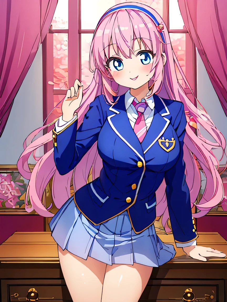 ((masterpiece)), ((best quality)), (ultra-detailed), ((kawaii)), cute, (lovely), illustration, anime style, full body, full body focus, a cute girl, own room, Blazer uniform, necktie, (beautiful eyes), beautiful hair, horseshoe-shaped hairband, slim, slender, medium breast, seductive smile.
