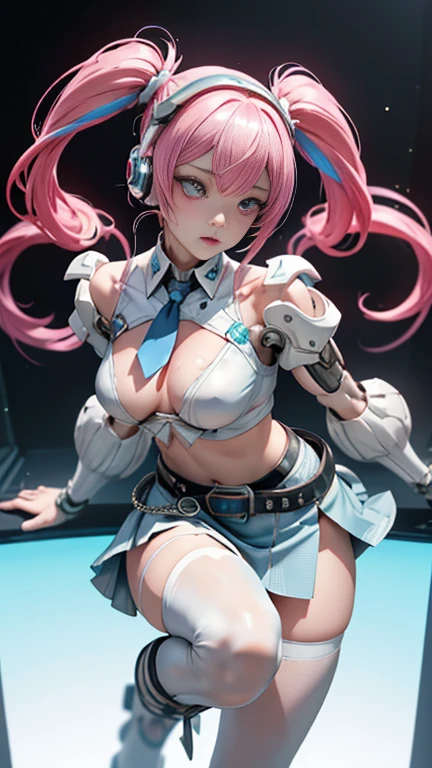 NSFW:1.4、Masterpiece、最high quality、high quality、High definition、High resolution、High detail、Lens flare、Ray Tracing、high qualityのテクスチャー、high qualityの影、Beautiful details、Detailed explanation、Detailed texture、Realistic facial expression、Realistic and colorful、Delicate、Cinematic Light、Side light、Sharp Focus、(1 Female:1.3)、(Intricate details、Makeup、Pure Eros Face_v1:0.5)、(Details Beautiful delicate face、Detailed beautiful delicate eyes、Perfect Facial Proportions、Detailed skin、Charm、Detailed chest、Large upward-facing breasts)、Underboob、(See-through)、Wet、slender、sexy、High Leg、V-Cut、Fancy Twin Tails、Beautiful bangs、(Light blue and pink hair)、(Lift-up mini skirt)、(Mini skirt soaring in the wind)、(high slit)、Knee-high、Thighs、Cyberpunk Boots、White shirt、Crop top、tie、Headphones、Cyberpunk Sleeve Removal、Cyberpunk Belt、Cyberpunk City、Full body photography、Low-angle composition、Condescending Gaze、Raise your knees、(Take a deep breath、Work on this image step by step)