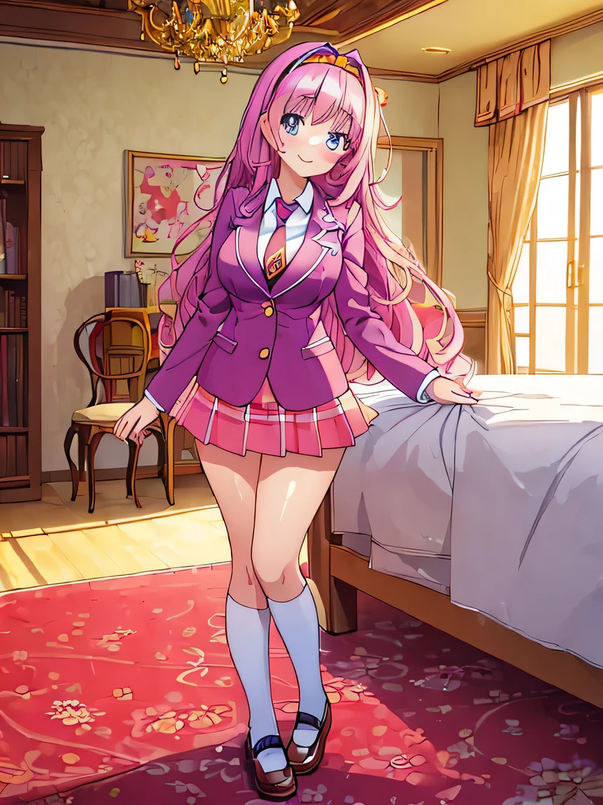 ((masterpiece)), ((best quality)), (ultra-detailed), ((kawaii)), cute, (lovely), illustration, anime style, full body, full body focus, a cute girl, own room, Blazer uniform, necktie, (beautiful eyes), beautiful hair, horseshoe-shaped hairband, slim, slender, medium breast, seductive smile.