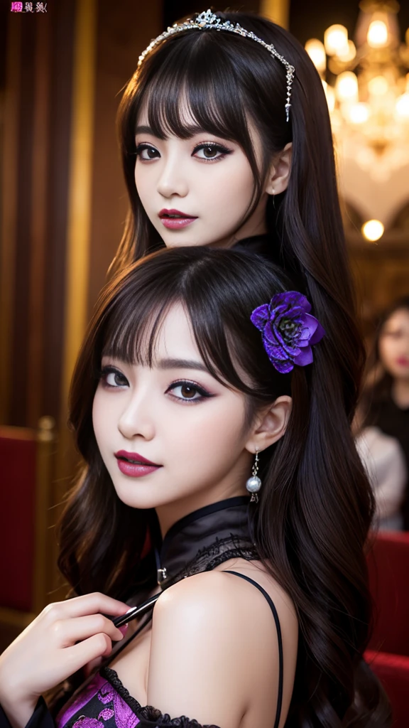 best quality、ultra-detailed、4k、Japanese、Seductive beauty、seductive adult woman、Pretty Woman、cool girl、Villainess、Brainwashed、brainwash、Fallen into evil、smirk、Evil look、Wicked Smile、evil、Brown hair、wavy hair、swept bangs、dark makeup、dark makeup、piercing eyes、hollow eyes,half-closed eyes、Hollow Eyes、Purple Eyeshadow、black lipstick、black lipglos、Long Black Cheongsam、Wide sleeves、night、inside church、makeup brush