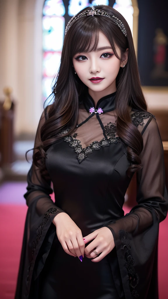 best quality、ultra-detailed、4k、Japanese、Seductive beauty、seductive adult woman、Pretty Woman、cool girl、Villainess、Brainwashed、brainwash、Fallen into evil、smirk、Evil look、Wicked Smile、evil、Brown hair、wavy hair、swept bangs、dark makeup、dark makeup、piercing eyes、hollow eyes,half-closed eyes、Hollow Eyes、Purple Eyeshadow、black lipstick、black lipglos、Long Black Cheongsam、Wide sleeves、night、inside church、makeup brush