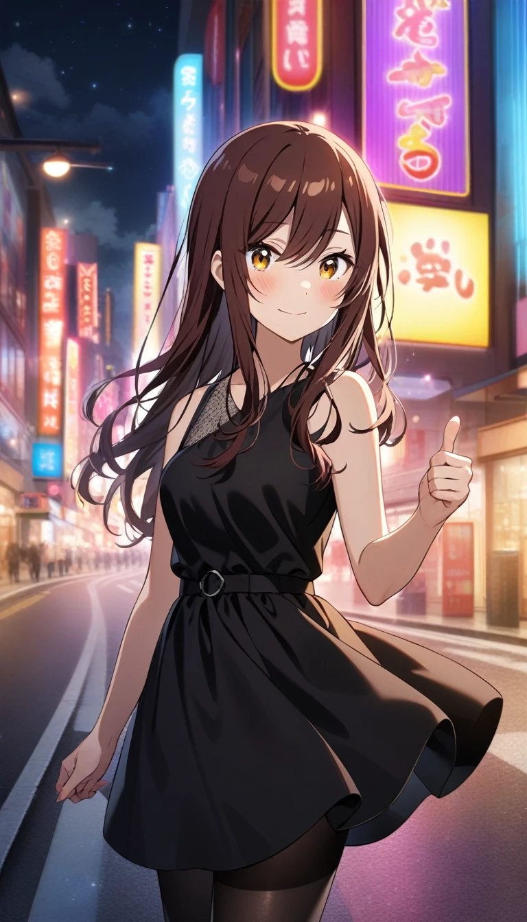 1girl, osaki_amana, osaki_tenka, black hair, shiny_colors, blush, sleeveless, bare shoulder, night, warm glow, outdoor, official art,  road, hitch-hike, half-closed_eyes, looking at viewer, medium breasts,  from front view, complex_background, , thumbs-up, black car, black pantyhose, entertainment district, neon light, uniform