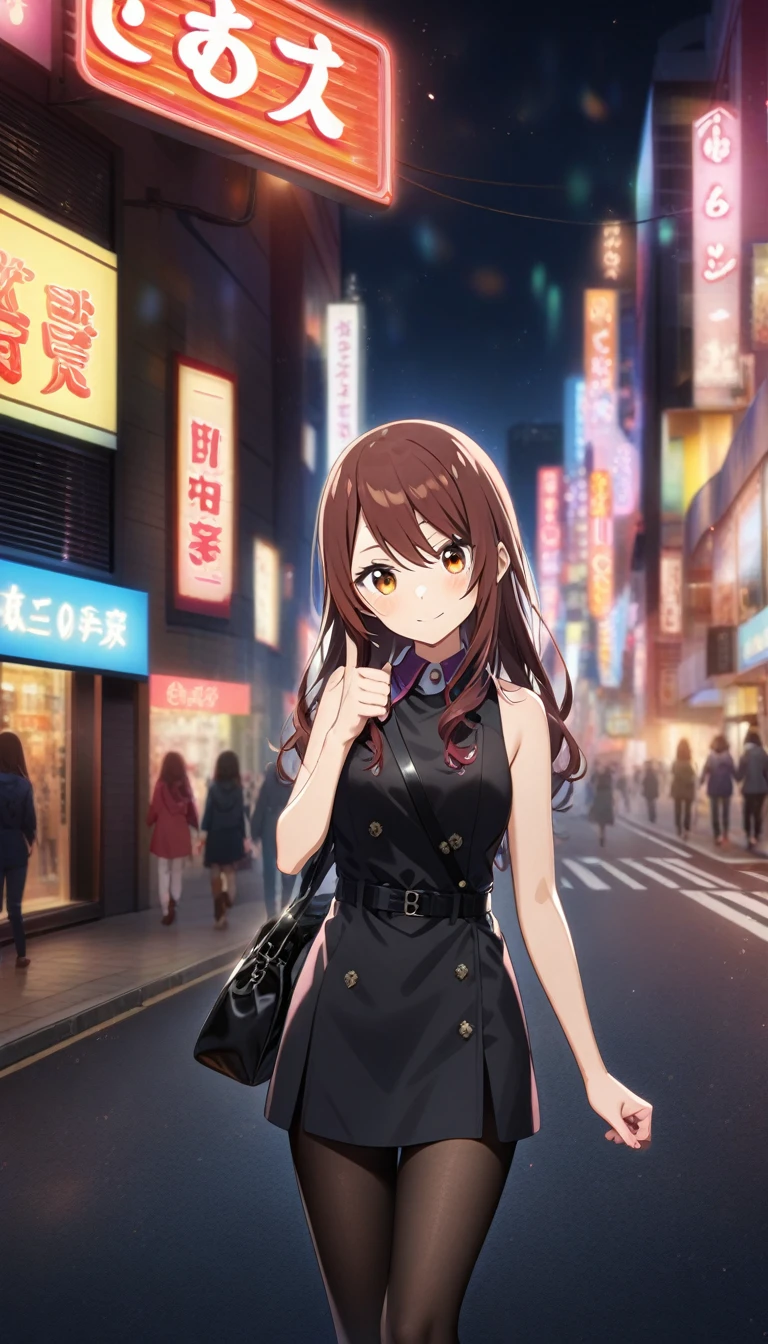 1girl, osaki_amana, osaki_tenka, black hair, shiny_colors, blush, sleeveless, bare shoulder, night, warm glow, outdoor, official art, road, hitch-hike, half-closed_eyes, looking at viewer, medium breasts, from front view, complex_background, , thumbs-up, black car, black pantyhose, entertainment district, neon light, uniform