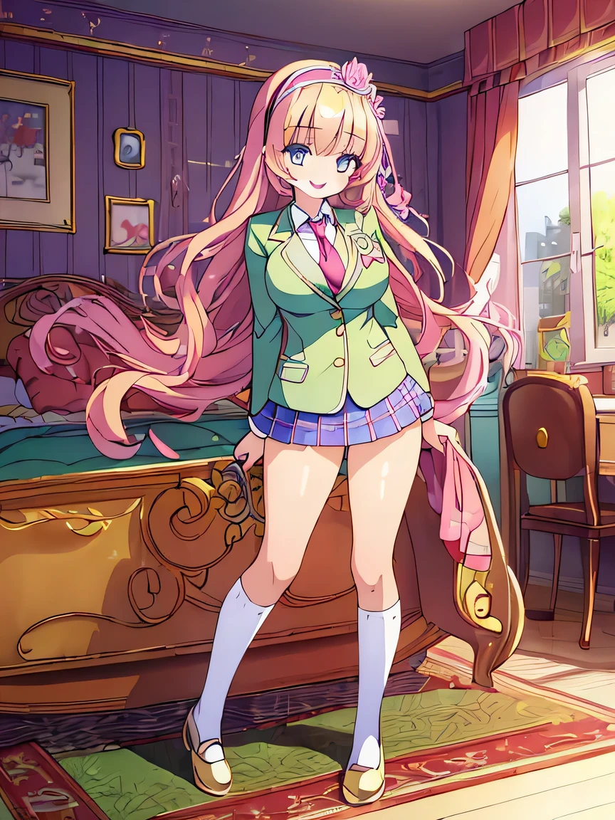 ((masterpiece)), ((best quality)), (ultra-detailed), ((kawaii)), cute, (lovely), illustration, anime style, full body, full body focus, a cute girl, own room, Blazer uniform, necktie, (beautiful eyes), beautiful hair, horseshoe-shaped hairband, slim, slender, medium breast, seductive smile.