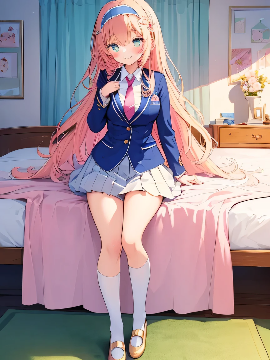 ((masterpiece)), ((best quality)), (ultra-detailed), ((kawaii)), cute, (lovely), illustration, anime style, full body, full body focus, a cute girl, own room, Blazer uniform, necktie, (beautiful eyes), beautiful hair, horseshoe-shaped hairband, slim, slender, medium breast, seductive smile.