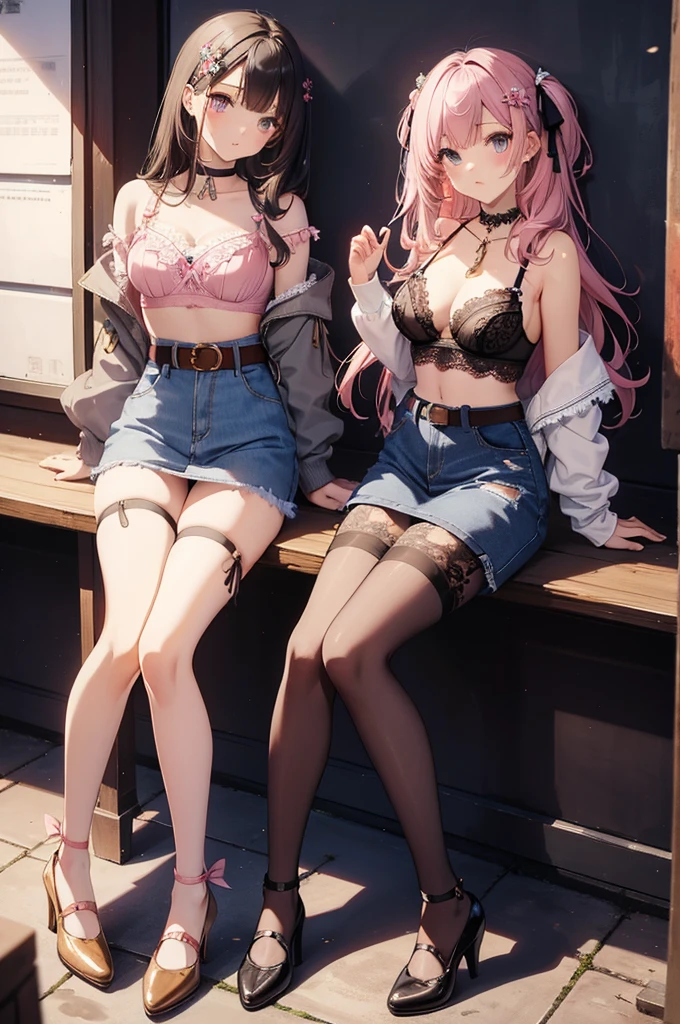 masterpiece, highest quality, pretty girl, 16 , hair ornaments, denim pencil mini skirt, pantyhose, Leg belt, ribbon_Choker Necklace,sit, skinny , Pink Bra,((Showing off her lace panties))