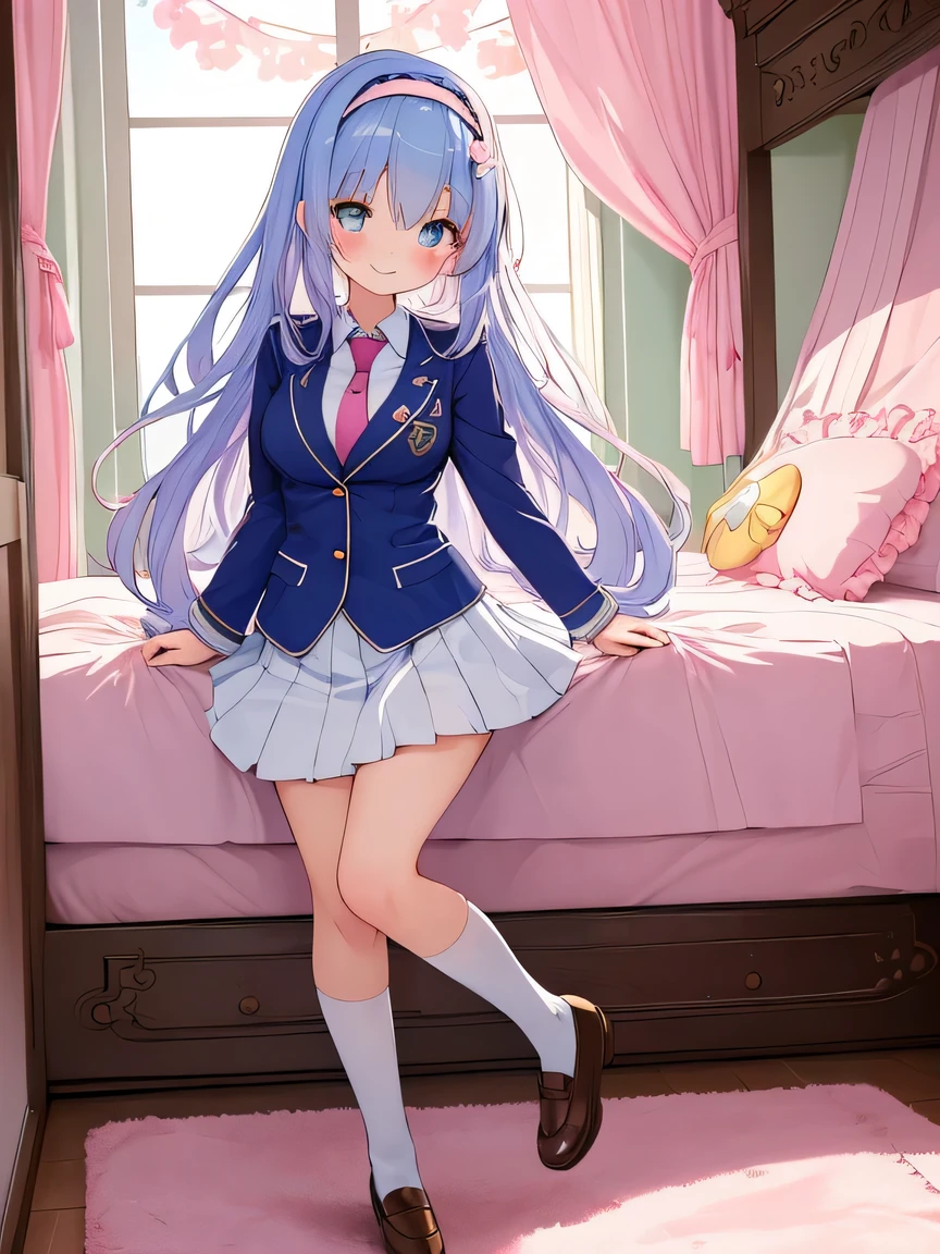 ((masterpiece)), ((best quality)), (ultra-detailed), ((kawaii)), cute, (lovely), illustration, anime style, full body, full body focus, a cute girl, own room, Blazer uniform, necktie, (beautiful eyes), beautiful hair, horseshoe-shaped hairband, slim, slender, medium breast, seductive smile.