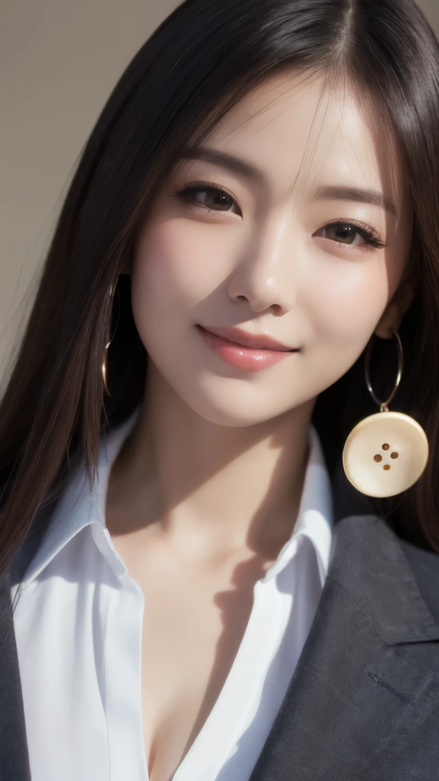 (Buttons that match the length of the shirt: 1.2),  (Unbuttoned shirt: 1.1), The chest is visible,highest quality, masterpiece, figure, Very delicate and beautiful, Very detailed, CG, Unity, 8k wallpaper, wonderful, The finer details, Very detailedな CG Unity 8k 壁紙, Large file size, Very detailed, High resolution, Handsome detailed woman, Very detailedな目と顔, Stunning eye for detail, Face Light, (best figure: 1.1), (Best Shadow: 1.1), ultra High resolution, (Realistic: 1.1), (Realistic 1.2: 1.1), Realistic Face Proportions, slim, smile, (compensate: 0.4), (fluffy Iris: 1.21), Iris, Viewer&#39;s gaze, Dark brown hair, Bob Hair, Earrings, Cowboy Shot, (Irregular skin defects, vein, Wrinkles on the skin: pores: 1.2), (Dark Night Background: 1.2), (Bokeh: 1.4), shade, Outdoor