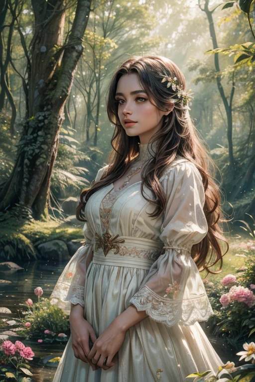 chica en el bosque (Masterpiece: 1.2), 4K High Definition, Ultra Detailed
realistic: 1.37, ILLUSTRATION, Bespoke Detailed Facial Features, Long Hair, Clear Bright Eyes, Rosy Lips, Wearing a Fluid Dress
standing in the sunbeam surrounded by trees and flowers, in a calm and peaceful environment
Soft and warm color palette, magical lighting effects create a mystical atmosphere.