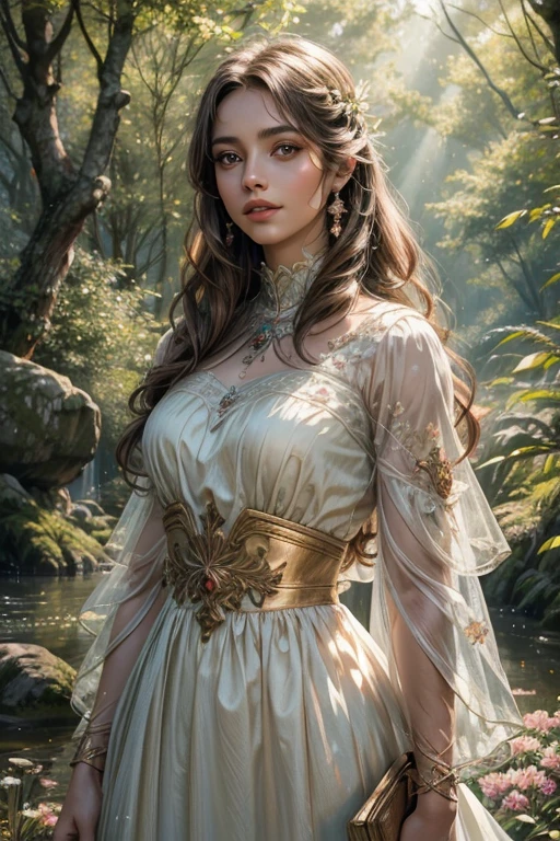 chica en el bosque (Masterpiece: 1.2), 4K High Definition, Ultra Detailed
realistic: 1.37, ILLUSTRATION, Bespoke Detailed Facial Features, Long Hair, Clear Bright Eyes, Rosy Lips, Wearing a Fluid Dress
standing in the sunbeam surrounded by trees and flowers, in a calm and peaceful environment
Soft and warm color palette, magical lighting effects create a mystical atmosphere.