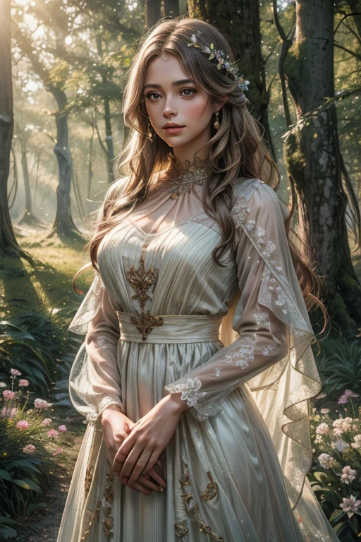 chica en el bosque (Masterpiece: 1.2), 4K High Definition, Ultra Detailed
realistic: 1.37, ILLUSTRATION, Bespoke Detailed Facial Features, Long Hair, Clear Bright Eyes, Rosy Lips, Wearing a Fluid Dress
standing in the sunbeam surrounded by trees and flowers, in a calm and peaceful environment
Soft and warm color palette, magical lighting effects create a mystical atmosphere.