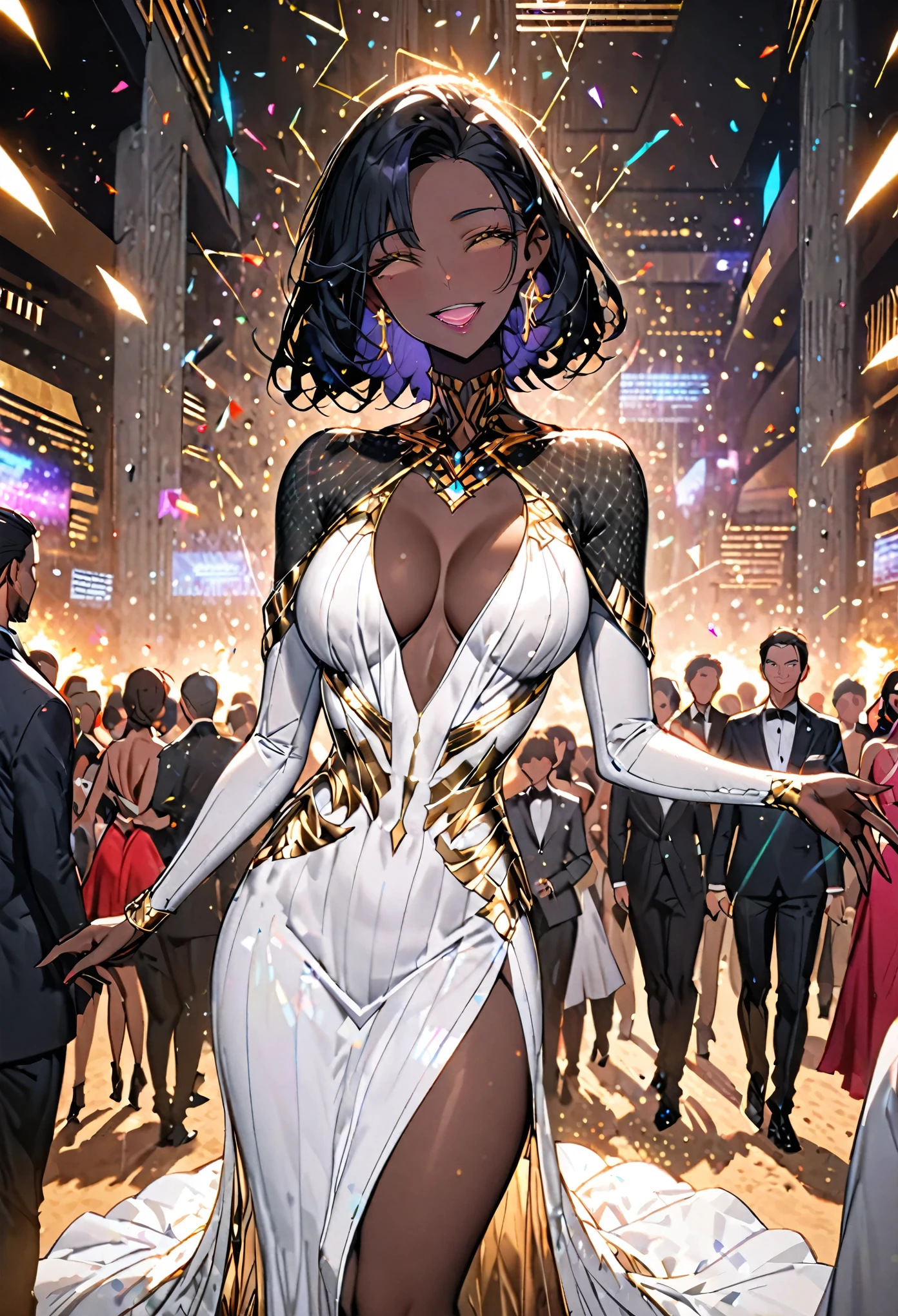 solo, female, sfw, futuristic, extremely dark skin, black hair, slender, very tall, desert, medium shot, elegant, indoors, brutalism, concrete, white gala dress, hologram:0.5, playful, wide smile, jewelry, gold, crowd, party, mature adult, large breasts, deep v neck, dress shrug