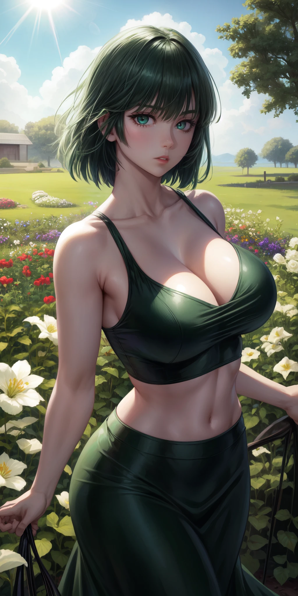 realistic, 1girl, Fubuki, green hair, green eyes, big round breasts, pure white skin, shining eyes, dark green crop top, dark green skirt, parted lips, rouge, night, flowers, sun, sunshine