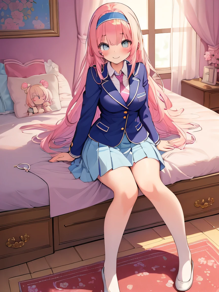 ((masterpiece)), ((best quality)), (ultra-detailed), ((kawaii)), cute, (lovely), illustration, anime style, full body, full body focus, a cute girl, own room, Blazer uniform, necktie, (beautiful eyes), beautiful hair, horseshoe-shaped hairband, slim, slender, medium breast, seductive smile.
