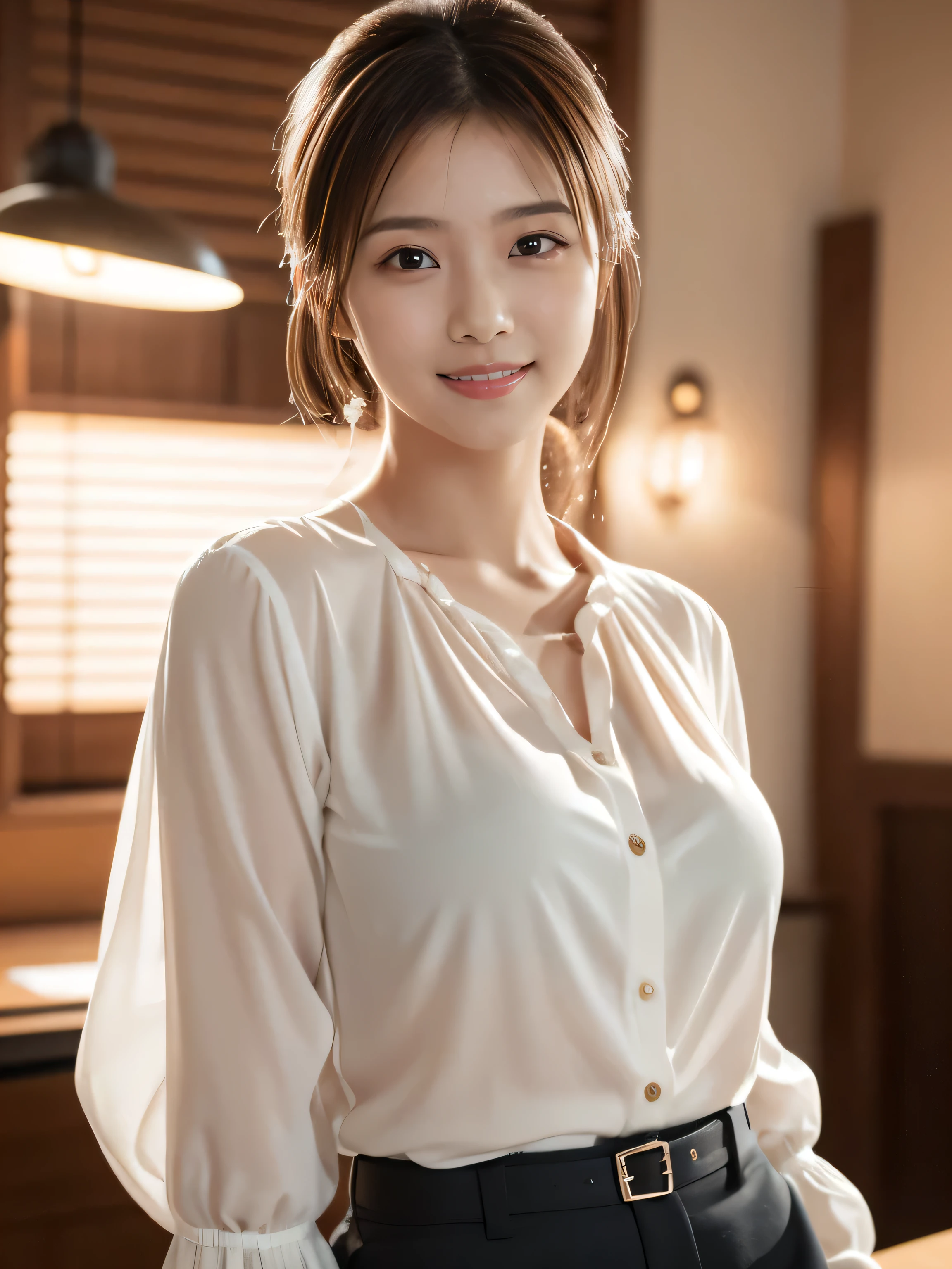 1 girl, (Wearing a white blouse:1.2), Short skirt, Beautiful Japanese actresses,
(RAW Photos, highest quality), (Realistic, Realistic:1.4), masterpiece, 
Very delicate and beautiful, Very detailed, 4K wallpaper, wonderful, 
finely, Very detailed CG Unity 8k wallpaper, Very detailed, High resolution, 
Soft Light, Beautiful detailed girl, Very detailed目と顔, Beautiful and exquisite nose, Beautiful and exquisite, Cinema Lighting, 
break,
(At work, Computer desk 1.3), 
Perfect Anatomy, smile, Look forward, (Looking into the camera), (Westshot), Big Breasts