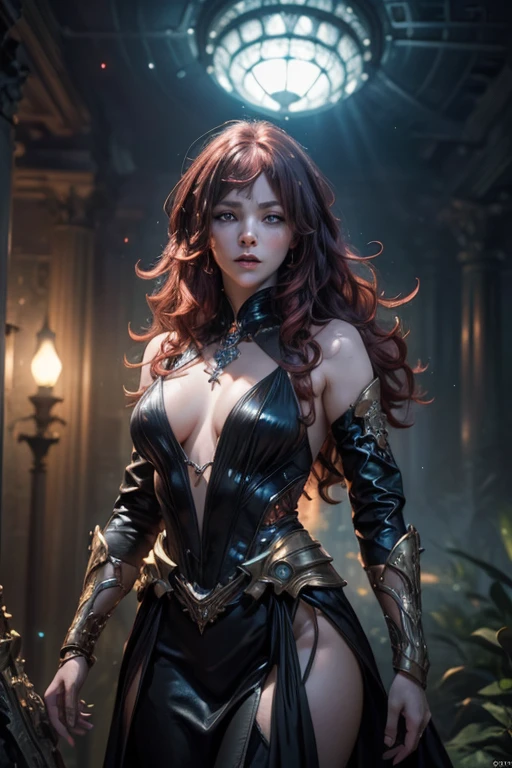 (Hyper-realistic photograph of a Vampire Queen, a redhead beauty with lush curls and deep amber uridicent eyes, adorned with a futuristic royal dress that captures the essence of celestial bodies and stars. by Conrad Roset, Pino Daeni, Jeremy Mann, Alex Maleev, 16k resolution, super dramatic light, sharp focus, Alexander McQueen, John William Waterhouse, Rudolf Hausner, Daniel F. Gerhartz, global illumination, intricate high-quality textures in HD, 8K, UHD, HDR, DSLR, gigapixel and unprocessed, detailed and realistic photographic details, with a detailed background, rendered in 32k octane, volumetric lighting, mysterious reflections, specular highlights, backlighting, acid trip. High-definition digital art, V-Ray, very detailed and intricate, natural photography, Nukon D750. 35mm.), Oppressive Hopelessness, (Surreal Dreamscapes), (Intimate Portrait Composition), Op Art Movement