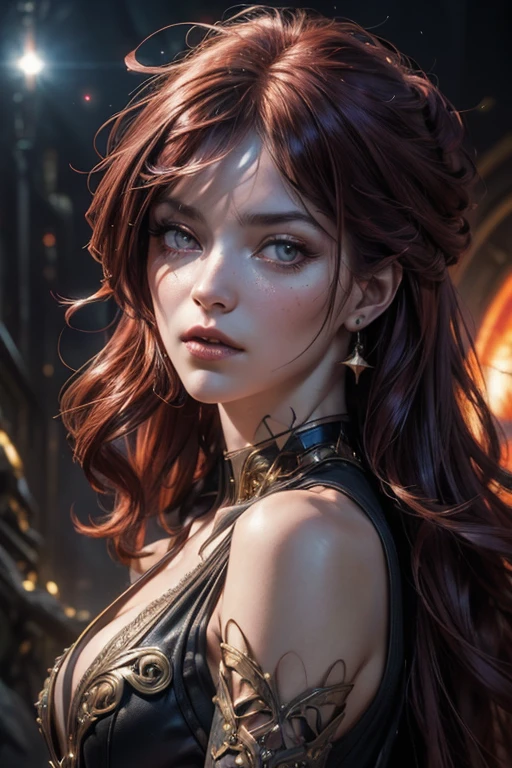 (Hyper-realistic photograph of a Vampire Queen, a redhead beauty with lush curls and deep amber uridicent eyes, adorned with a futuristic royal dress that captures the essence of celestial bodies and stars. by Conrad Roset, Pino Daeni, Jeremy Mann, Alex Maleev, 16k resolution, super dramatic light, sharp focus, Alexander McQueen, John William Waterhouse, Rudolf Hausner, Daniel F. Gerhartz, global illumination, intricate high-quality textures in HD, 8K, UHD, HDR, DSLR, gigapixel and unprocessed, detailed and realistic photographic details, with a detailed background, rendered in 32k octane, volumetric lighting, mysterious reflections, specular highlights, backlighting, acid trip. High-definition digital art, V-Ray, very detailed and intricate, natural photography, Nukon D750. 35mm.), Oppressive Hopelessness, (Surreal Dreamscapes), (Intimate Portrait Composition), Op Art Movement