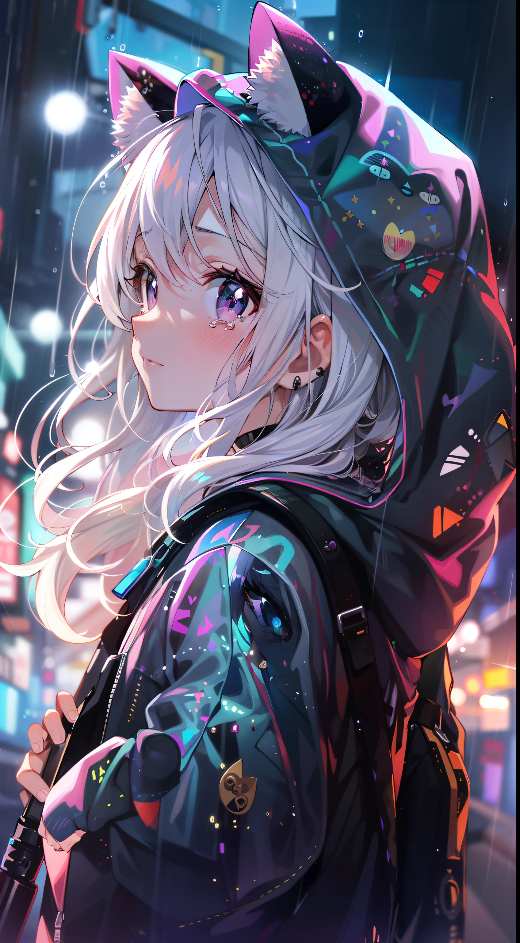 Chica anime con orejas de gato y sudadera con capucha bajo la lluvia, estilo anime 4k, vibraciones de anime, fondo de pantalla animado 4k, Fondo de pantalla de arte anime 4k, fondo de pantalla animado 4k, Fondo de pantalla de arte anime 4k, nocturno, chica anime cyberpunk con capucha, estilo animado. 8K, Fondo de pantalla animado 4k, hermoso retrato animado, Hermoso estilo de arte anime, Pupilas moradas, Morado solo en las puntas del cabello., tears