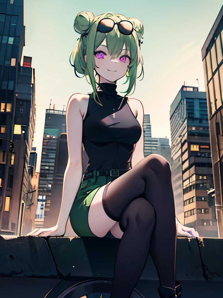 (highres), (detailed),1 girl, alone, medium hair, pastel green hair, twin buns, evil smile, glowing eyes, violet eyes, round black sunglasses on head, black sleeveless turtleneck top, green shorts, dark brown boots, night, dark, buildings background