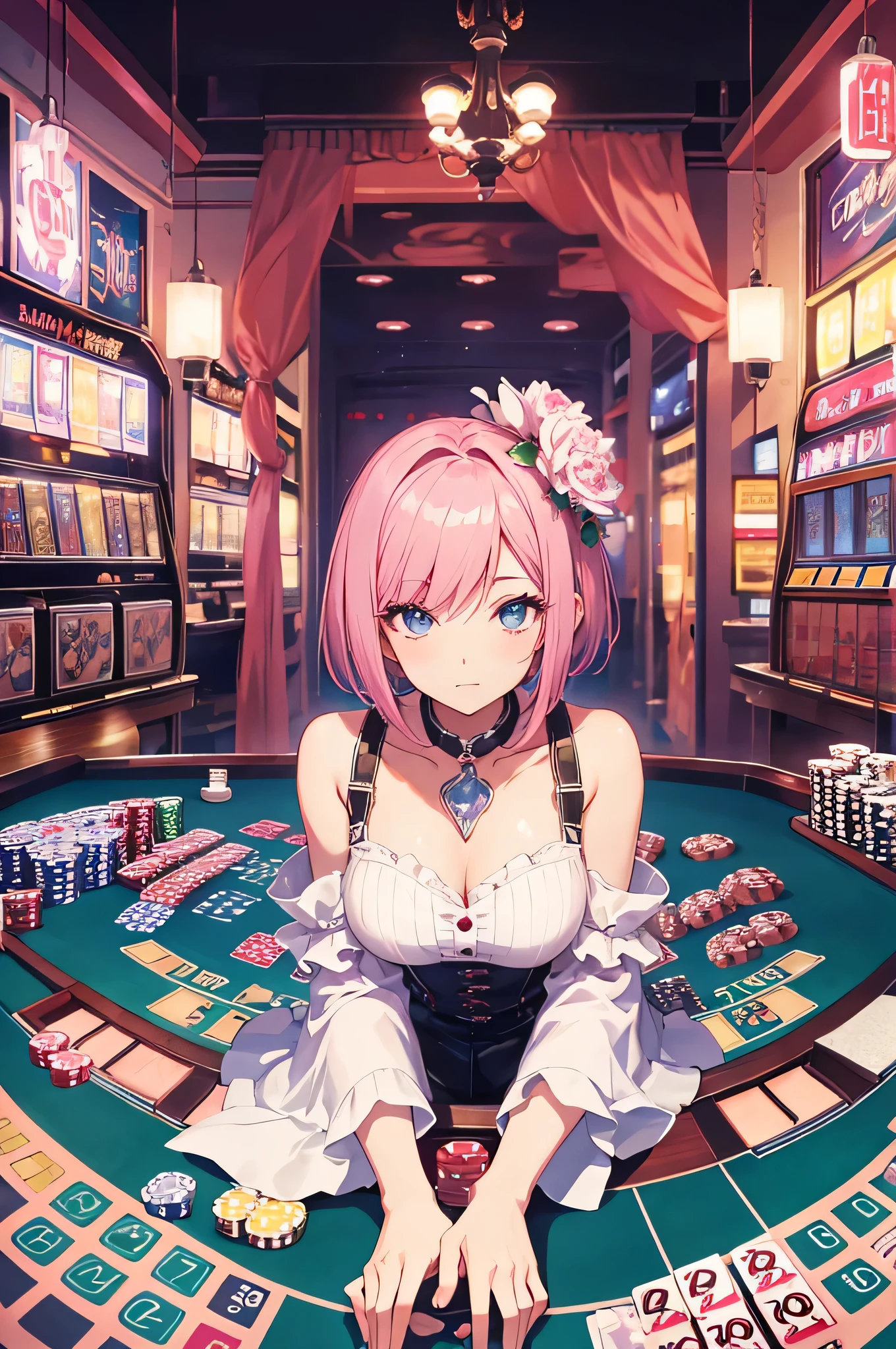 highest quality、anime、woman、Casino Dealer、Confident、Short Bob Hair、Pink Hair、Poker Table、Beautiful beauty、