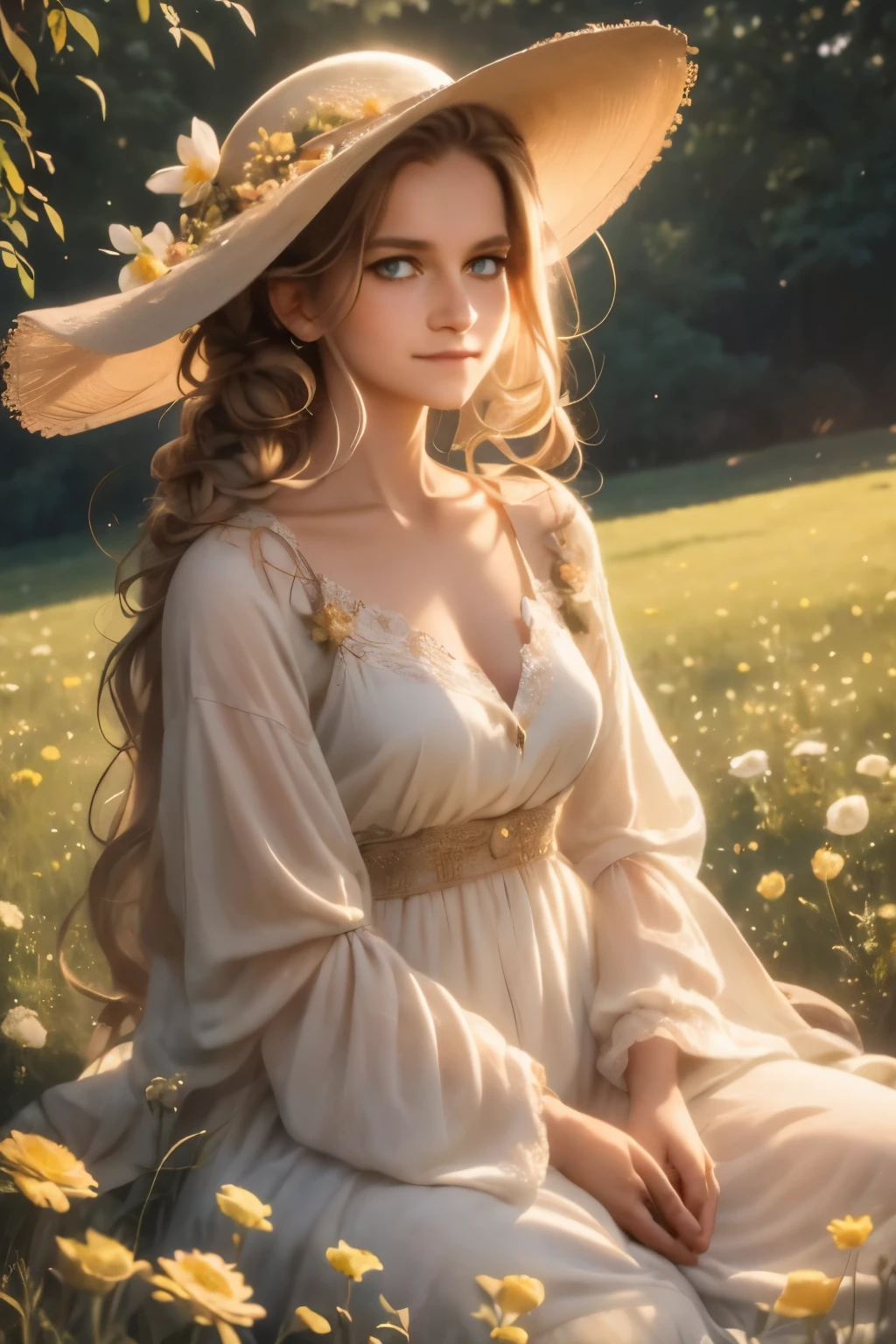 As the sun begins to set over a serene meadow, a serene meadow comes to life. In the center of the frame, a young buxom woman with freckles and very long curly blonde hair and a wide-brimmed hat gazes, tenderly into her surroundings. Her blue eyes bulge with a sense of contentment as she gazes towards the stars in the universe she occupies. The air is still, and the scent of fresh flowers fills the air, casting a soft golden glow on the landscape below. The words "innocent smile" are visible and hidden, a reminder of the boundless possibilities that can be found in the realm of imagination.