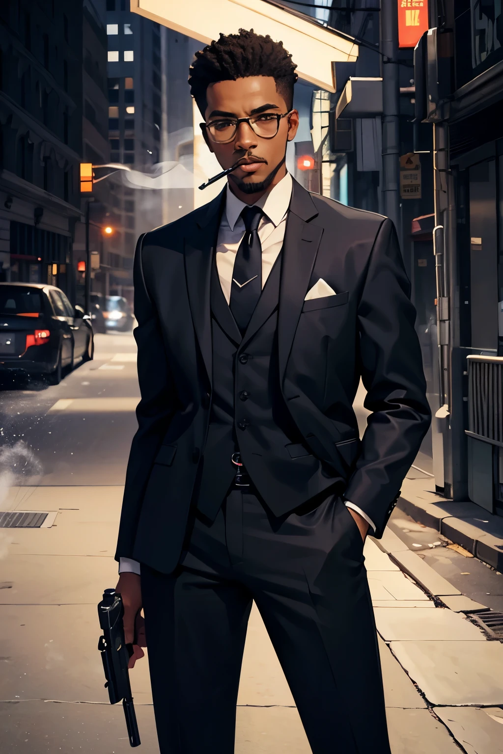 Black man smoking wearing a suit looking at the camera. He has a gun