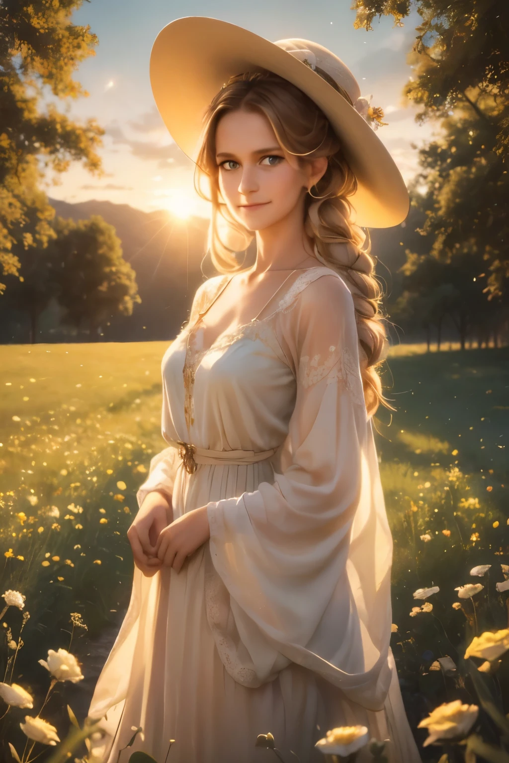 As the sun begins to set over a serene meadow, a serene meadow comes to life. In the center of the frame, a young buxom woman with freckles and very long curly blonde hair and a wide-brimmed hat gazes, tenderly into her surroundings. Her blue eyes bulge with a sense of contentment as she gazes towards the stars in the universe she occupies. The air is still, and the scent of fresh flowers fills the air, casting a soft golden glow on the landscape below. The words "innocent smile" are visible and hidden, a reminder of the boundless possibilities that can be found in the realm of imagination.