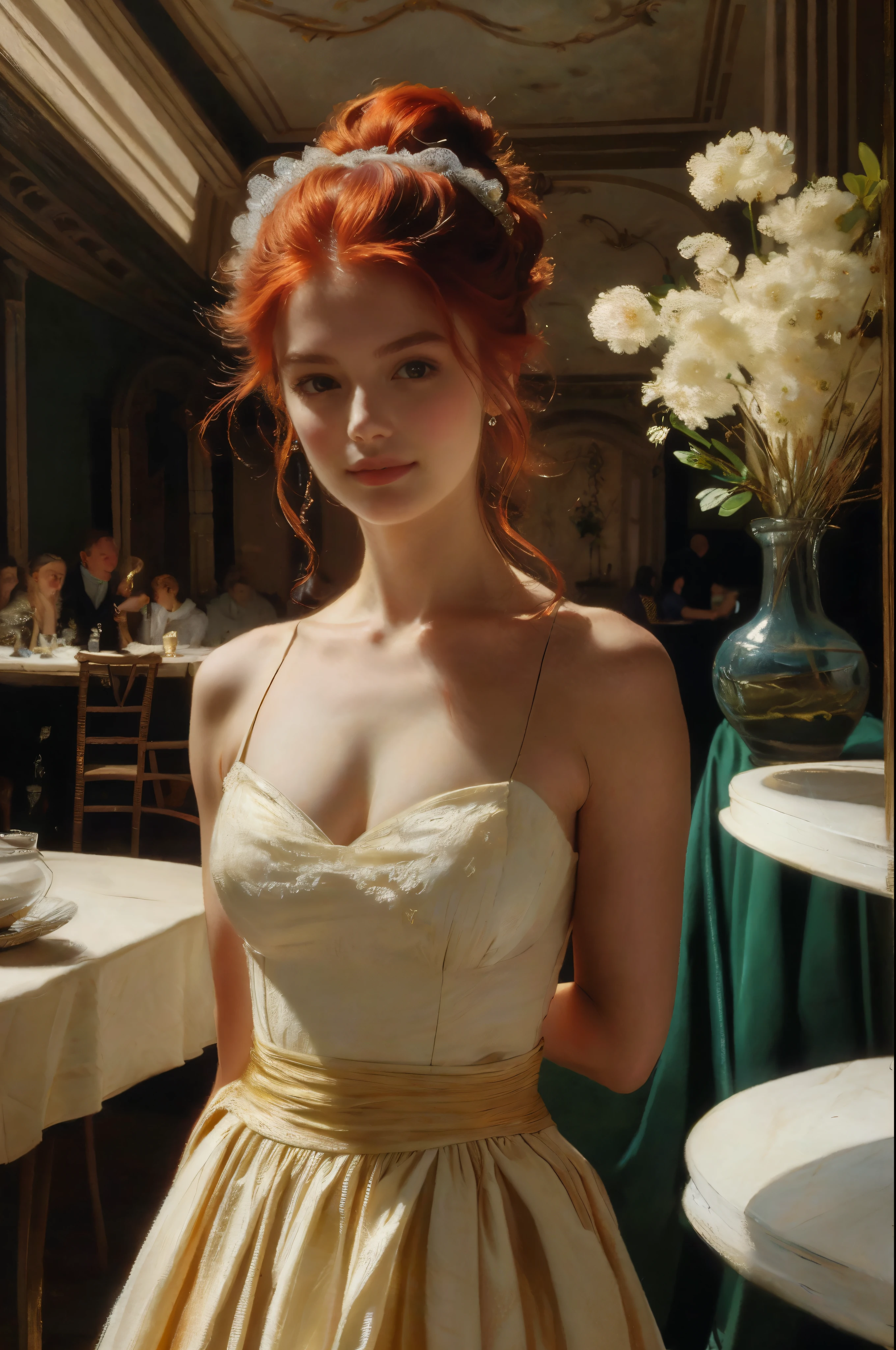 Create an image that captures the essence of classical art and award-winning painting, drawing inspiration from Monet oil paintings. Visualize a enchanting oil painting of beautiful red hair female wearing maid dress in a Cafe. Her skin should be meticulously detailed, with eyes that glow with life, and a facial structure that fits the golden ratio of attractiveness, including clear double eyelids. | She is moving with a dynamic and bold grace. The setting is a cafe with an indoor garden, with her poised under the warm light of sunlight, casting striking shadows around her. Capture her from a low angle to reveal her whole body in a dynamic pose, adding to the intensity of the scene. She looks dreamy, her expression both engaging and ethereal. | Rendered in ultra-high detail and quality, this masterpiece ensures anatomical correctness and textured skin with super detail. With a focus on high quality and accuracy, this award-winning portrayal captures every nuance in stunning 16k resolution, immersing viewers in its lifelike depiction. | ((beautiful red hair female):1.1), ((maid dress):1.1), ((in a cafe):1.1), ((indoor garden):1.1). | (((anatomical correctness))), (((perfect_fingers))), (((perfect_legs))), (((perfect_hands))), ((perfect_composition, perfect_design, perfect_layout, perfect_detail, ultra_detailed)), ((enhance_all, fix_everything)), More Detail, Enhance.
