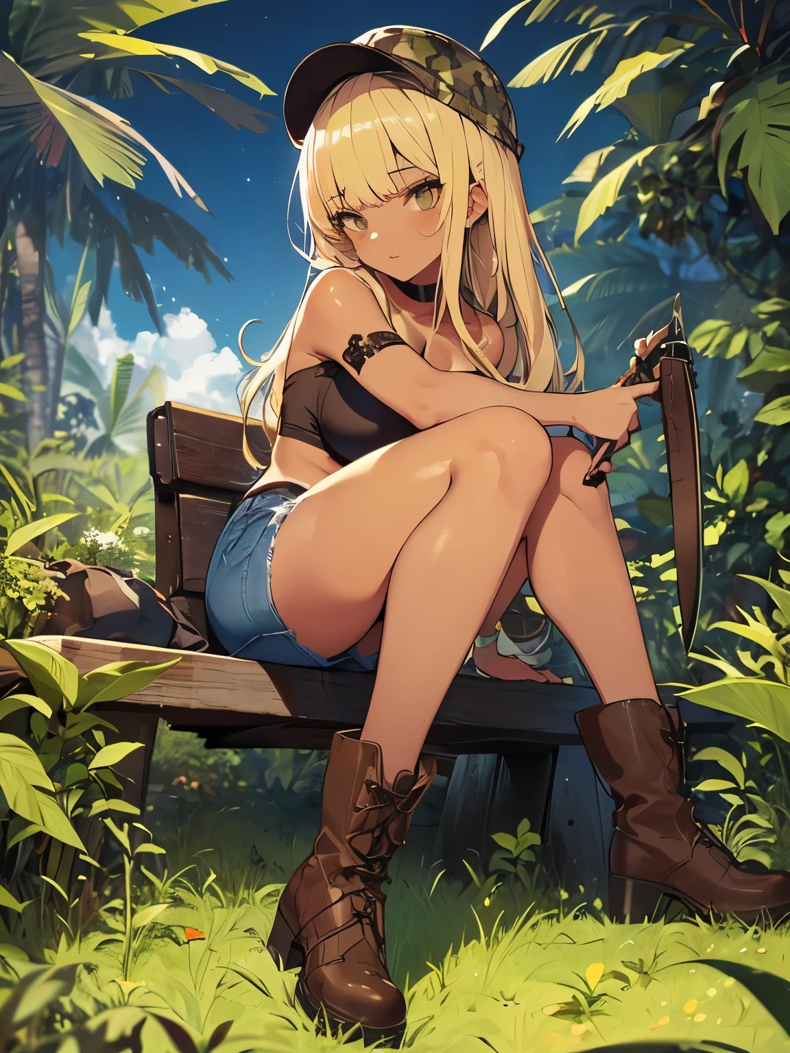 highest quality,(masterpiece),(((Whole body image))),(girl1), (Highly detailed face),Slightly round face, (Tan brown face:1.6), Boyish beauties, Beautiful lips,Grim face,Troubled face,Beautiful lips,,(Black gal:1.6),(Big eyes),(Smooth, straight, long hair:1.5),(strong blonde hair:1.6),(blunt bangs),(Brown skin:1.6),(Denim hot pants:1.3),(Camouflage pattern tube top:1.3),(Brown leather short boots:1.2),(Holding a knife:1.3),in the forest,In the jungle,Grassy ground,Woman in survival mode,Sexy thighs,Provocative Ass, (Both legs are turned inwards:1.6),Heat,Sweat heavily,Tropical forests,During a break,(Sit comfortably in the bushes:1.3), Frontal angle, Beautiful buttocks, Night Sky, Bonfire,Mysterious brightness,