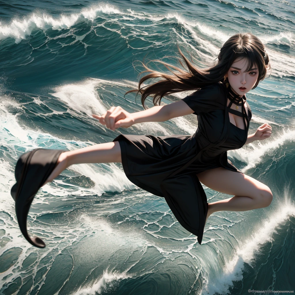 beautiful russian woman in her 20s, 8k, perfect physique, Handsome face,perfect proportions, detailed face, high quality, Anime girl in a black dress jumping over the waves, Artjam and Athi Gairan, girl walking on water, Ross Tran. Landscape Background, Ross Tran 8 k, Gweiz-style artwork, Ross Tran style, Female Action Anime Girl, Ross Tran and wlop, artgerm と ruan jia