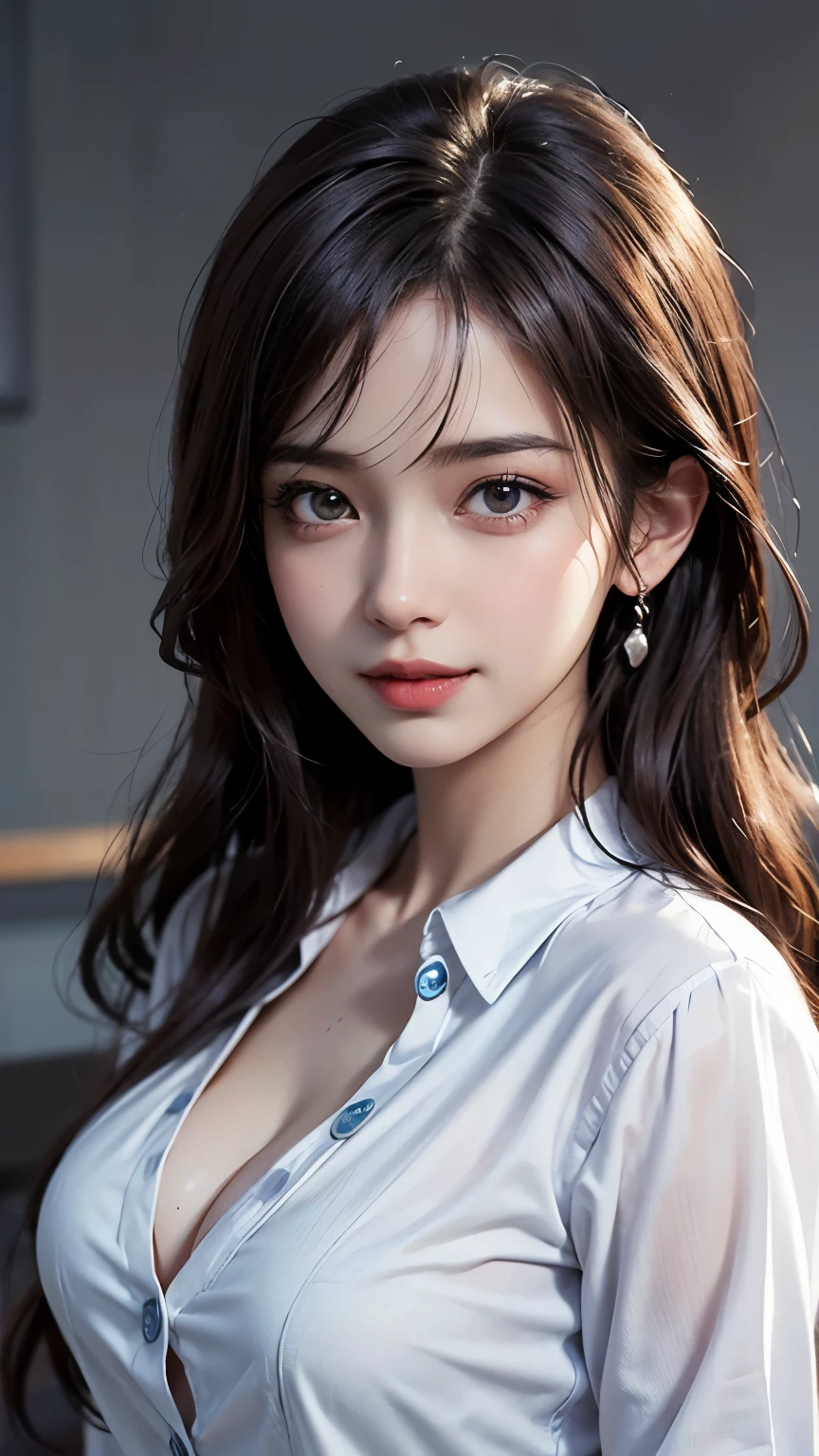 (ons that match the length of the shirt: 1.2), (Unbuttoned shirt: 1.1), The chest is visible,highest quality, masterpiece, figure, Very delicate and beautiful, Very detailed, CG, Unity, 8k wallpaper, wonderful, The finer details, Very detailedな CG Unity 8k 壁紙, Large file size, Very detailed, High resolution, Handsome detailed woman, Very detailedな目と顔, Stunning eye for detail, Face Light, (best figure: 1.1), (Best Shadow: 1.1), ultra High resolution, (Realistic: 1.1), (Realistic 1.2: 1.1), Realistic Face Proportions, slim, smile, (compensate: 0.4), (fluffy Iris: 1.21), Iris, Viewer's gaze, Dark brown hair, Bob Hair, Earrings, Cowboy Shot, (Irregular skin defects, vein, Wrinkles on the skin: pores: 1.2), (Dark Night Background: 1.2), (Bokeh: 1.4), shade, Outdoor