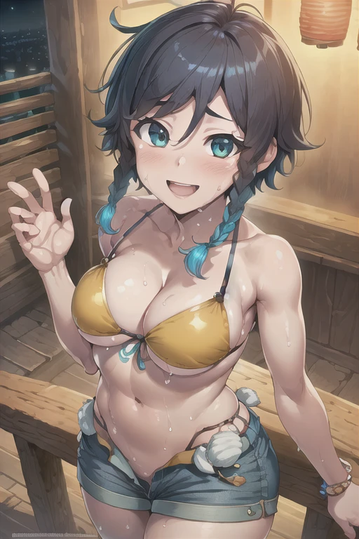 (((masterpiece))), ((highest quality)), (Very detailed), ((High resolution)), ((8k)), ((Anatomically correct)), One very cute girl, Baby Face, (Big Breasts), Brunette color hair, Double up braid, Long-haired and short-haired, Letting down your bangs, Charming smile, Emerald Eyes, Best moment, Delicate arms, Detailed skin texture, Intricate details, Very detailedな顔, Beautiful curves, Beautiful thighs, (Sweating), ((Wearing denim shorts on the lower half of the body)), ((Wearing a bikini on her upper body)), Chinatown at night, Ecstatic expression, Looking up, Beautiful standing posture, Model standing,