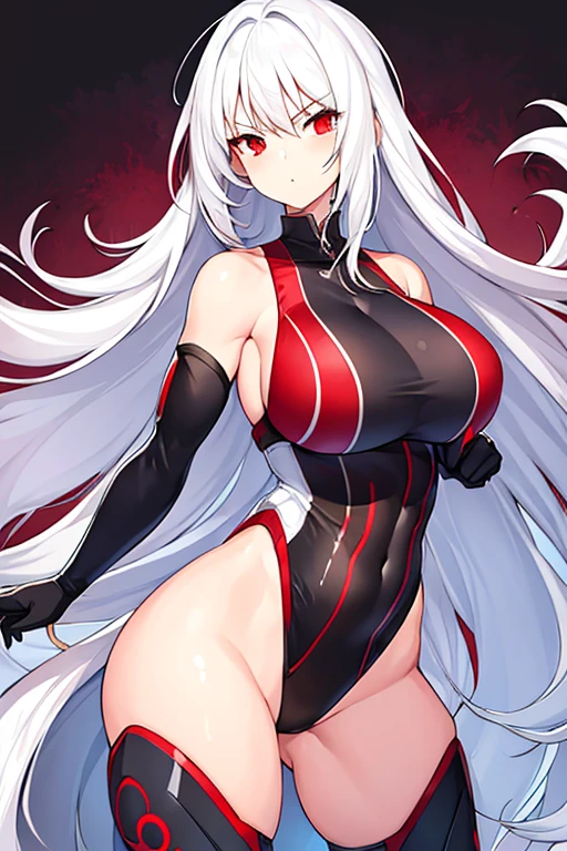 1girl, white hair, long hair, red eyes, serious, glowing eyes, large breasts, mature female, athletic female, toned, leotard, black leotard,