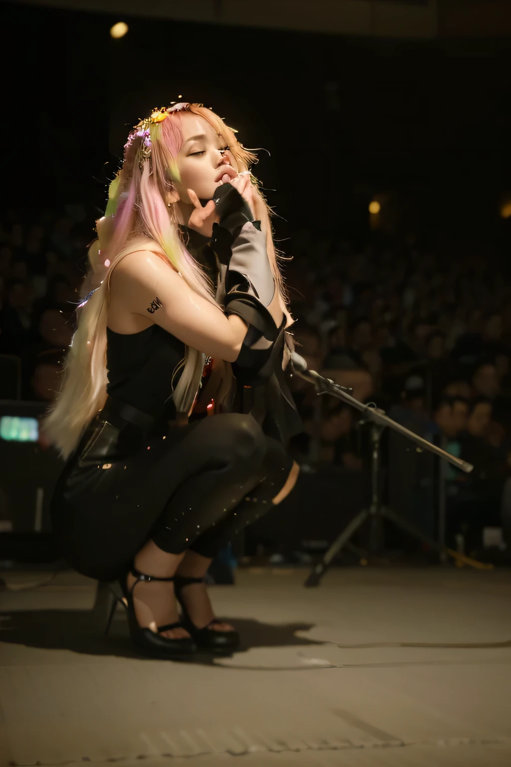 (Best quality, 8k, 32k, Masterpiece, UHD:1.2) "Imagine a grand concert stage in Japan, filled with the electrifying energy of a live music event. Describe a massive stage setup, featuring state-of-the-art lighting and sound equipment that creates an immersive experience for the audience. The stage is framed by towering LED screens displaying dynamic visuals and close-ups of the performers, enhancing the spectacle.

The stage lights are a dazzling array of colors, shifting in sync with the music to create a mesmerizing light show. Spotlights sweep across the stage, illuminating the performers and creating dramatic visual effects. Laser lights cut through the air, adding to the vibrant and energetic atmosphere.

In the background, several bands are getting ready to perform, their equipment set up and tuned. Drum kits, electric guitars, keyboards, and microphones are positioned strategically, reflecting the anticipation of a high-energy performance. The band members, dressed in stylish and often flamboyant attire, move with a sense of purpose and excitement, ready to take the stage.

The audience area is packed with enthusiastic fans, their faces lit up by the stage lights, holding glow sticks and waving banners. The collective energy of the crowd is palpable, as they cheer and shout, creating a wave of anticipation that sweeps through the venue.

Highlight the cultural elements that make this setting uniquely Japanese. Traditional elements might be subtly incorporated into the modern concert setup, such as lanterns or banners with kanji characters, blending the country's rich heritage with its contemporary music scene. The venue itself could be an iconic location, like the Nippon Budokan or Tokyo Dome, known for hosting legendary performances.

Emphasize the grandeur of the concert, with pyrotechnics, confetti cannons, and special effects that punctuate key moments in the performance. The combination of cutting-edge technology and the raw energy of live music creates.
