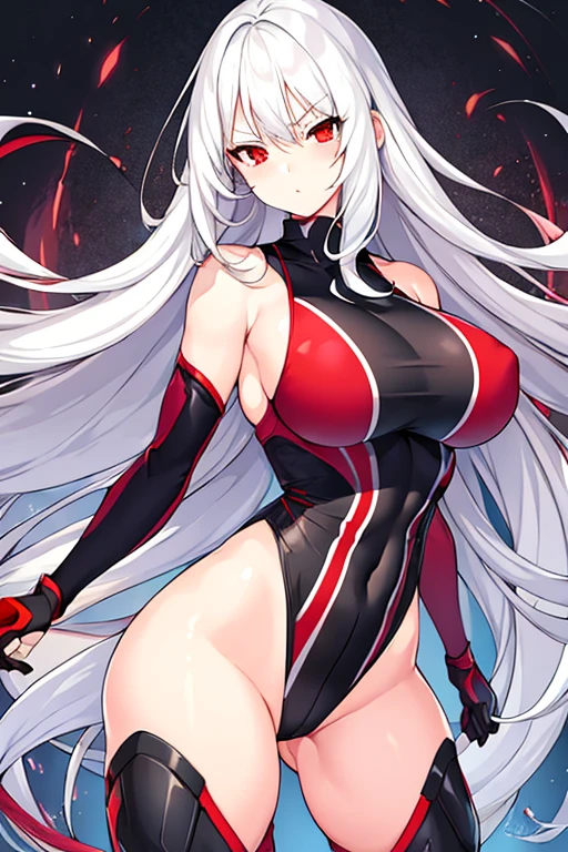 1girl, white hair, long hair, red eyes, serious, glowing eyes, large breasts, mature female, athletic female, toned, leotard, black leotard,