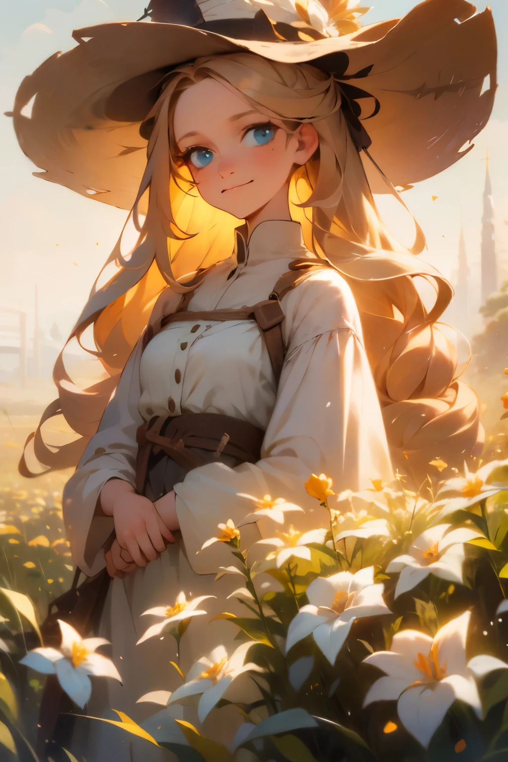 As the sun begins to set over a serene meadow, a serene meadow comes to life. In the center of the frame, a young buxom woman with freckles and very long curly blonde hair and a wide-brimmed hat gazes, tenderly into her surroundings. Her blue eyes bulge with a sense of contentment as she gazes towards the stars in the universe she occupies. The air is still, and the scent of fresh flowers fills the air, casting a soft golden glow on the landscape below. The words "innocent smile" are visible and hidden, a reminder of the boundless possibilities that can be found in the realm of imagination.