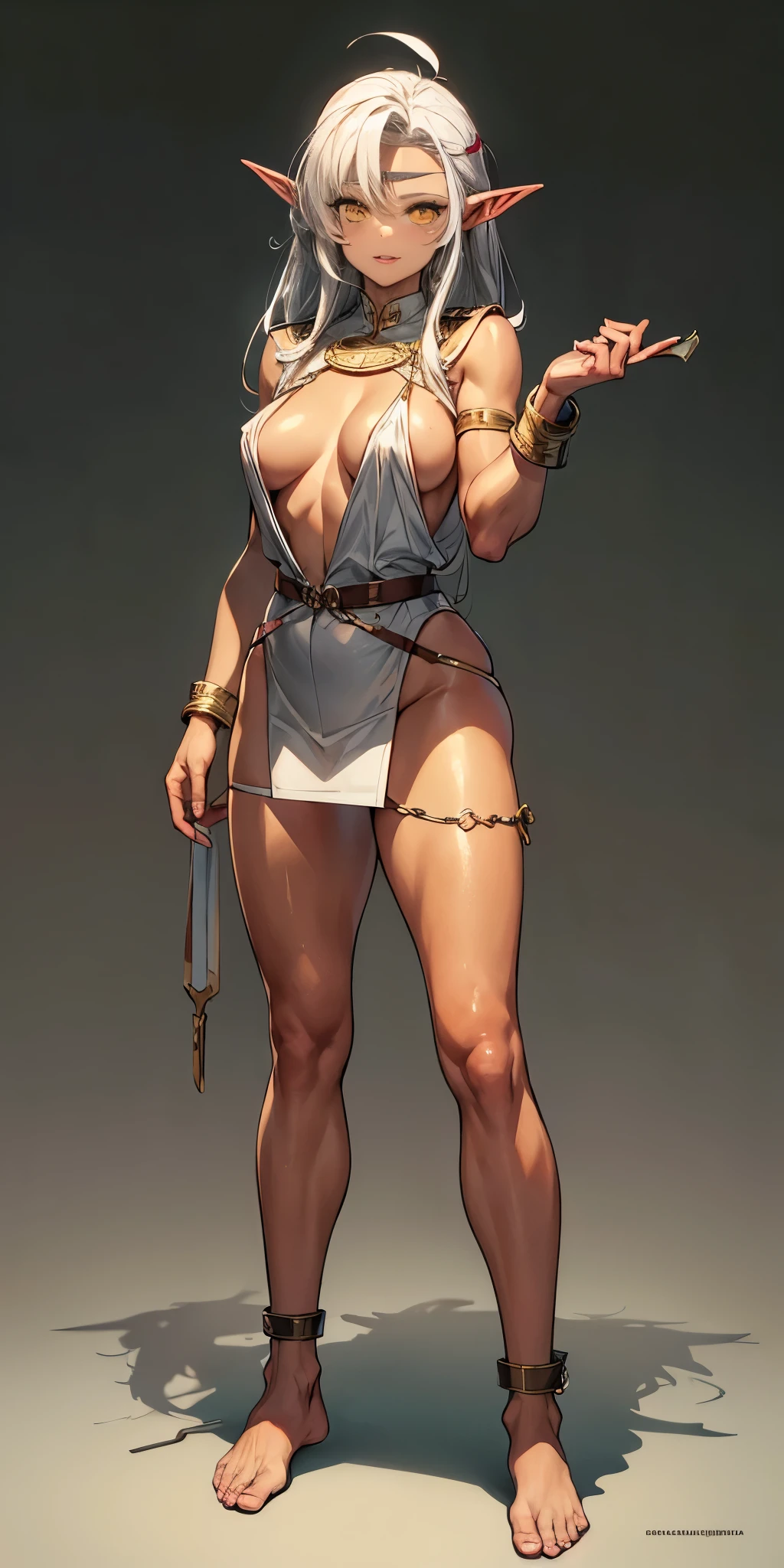 (Masterpiece, plain background:1.2) Female full body, standing straight symmetrical feet together, blood dark elf, dark skin, long messy white hair, short elf ears, circlet, yellow eyes, 1990s (style), female 1sologirl slingshot micro bikini, barefoot, bare handcuffs, shackles wristbands, bracers, bracelets, pauldrons metal shoulders