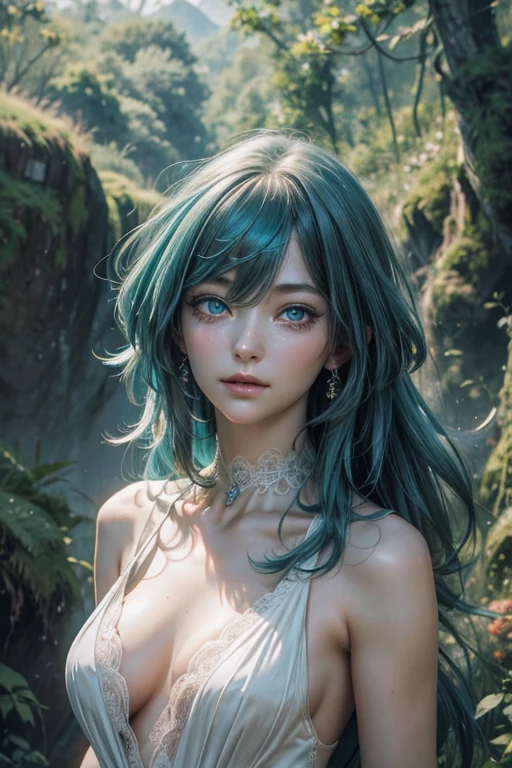 A delicate and charming anime girl, her features exude innocence and grace with a finely detailed face: large turquoise blue eyes shining with unshed tears, flawless porcelain skin except for a teardrop-shaped crystal resting beneath one eye. The image, a digital painting, shows intricate details from the colorful hair to the delicate lace of her dress. This stunning representation captures the essence of ethereal beauty, evoking a sense of otherworldly elegance and nostalgic melancholy. High-quality photography in HD, 8K, UHD, HDR, DSLR, gigapixel, and unprocessed, detailed and realistic, with an elaborate background. Conceptual ideas, post-processing, centered and perfectionist elegant image, natural photography, Nukon D750, 35mm.