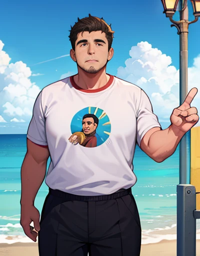 1 plump man with extremely thick thighs , Careca, obeso, homem de meia idade, camisa branca aberta mostrando a barriga e peitoral (((usando apenas sunga vermelha))), parado , looking at the sky, dia na praia  , dim street lamp, talking to the viewer gesturing with his hands, dialogando, discutindo. He&#39;s calling the viewer, he is delivering something, he is gesturing for you to come closer to him. Gargalhando, zangado, triste, muito feliz, deprimido. ((Various colored hair strands, fios do cabelo branco ou vermelho ou verde ou cinza ou azul ou laranja ou amarelo)) he is holding a glass of drinks, he is holding a glass of drink, he is holding a bottle of drink, he is holding a mug of chop.