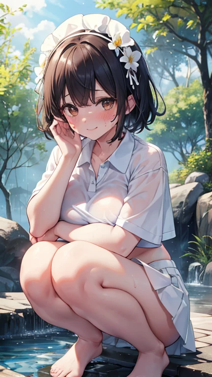 1 girl, solo, White Polo Shirt, White mini skirt, masterpiece, best quality, Super detailed, (Sweating:1.4), absurd, looking at the audience, short black hair, brown eyes,(Thick thighs:1.0),Sky,Tree,Awa Onsen,bath,bikini,rain,white,Charming smile,Underboob exposed,Flower headdress,Waving,love letter,Blushed,Squat down,Fold your hands on your knees