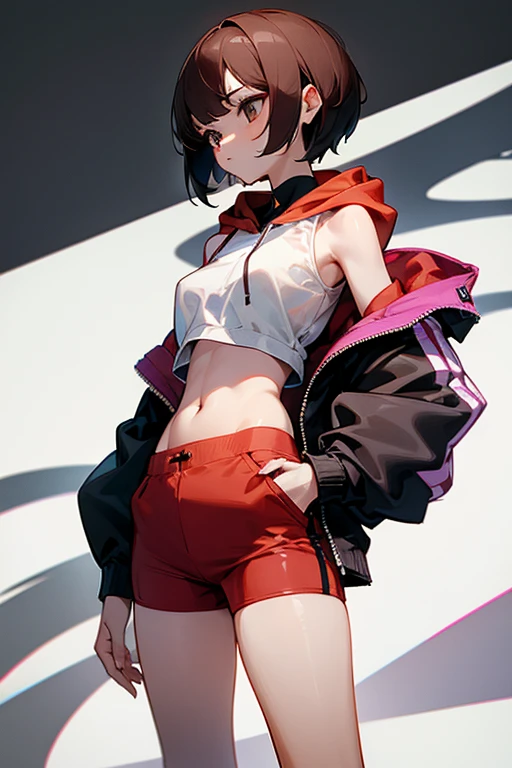 Brown short bob、School swimsuit with white line design、Wearing a tracksuit jacket、Black Stockings、necklace、tits、slender、