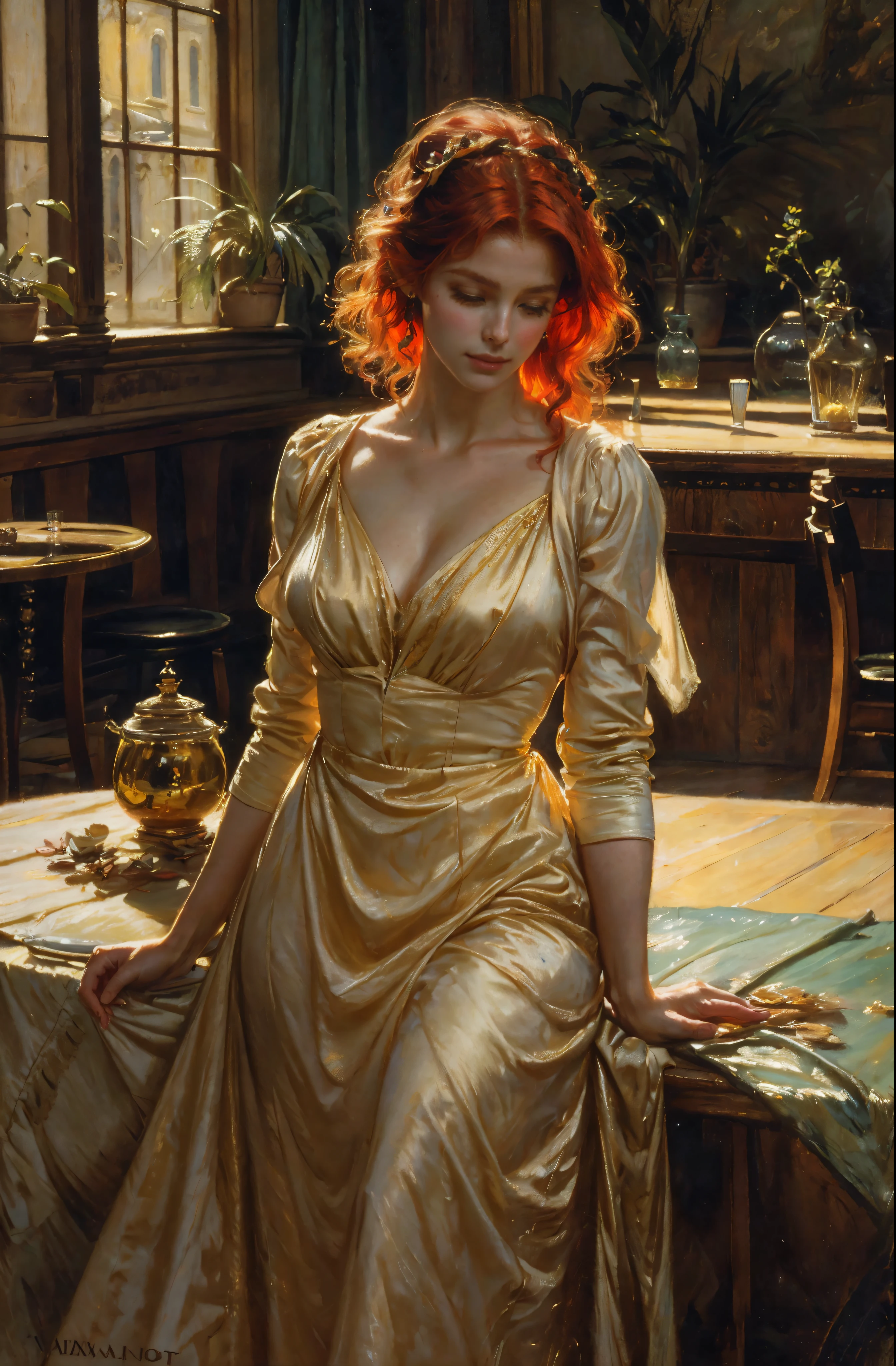 Create an image that captures the essence of classical art and award-winning painting, drawing inspiration from Monet oil paintings. Visualize a enchanting oil painting of beautiful red hair female wearing maid dress in a Cafe. Her skin should be meticulously detailed, with eyes that glow with life, and a facial structure that fits the golden ratio of attractiveness, including clear double eyelids. | She is moving with a dynamic and bold grace. The setting is a cafe with an indoor garden, with her poised under the warm light of sunlight, casting striking shadows around her. Capture her from a low angle to reveal her whole body in a dynamic pose, adding to the intensity of the scene. She looks dreamy, her expression both engaging and ethereal. | Rendered in ultra-high detail and quality, this masterpiece ensures anatomical correctness and textured skin with super detail. With a focus on high quality and accuracy, this award-winning portrayal captures every nuance in stunning 16k resolution, immersing viewers in its lifelike depiction. | ((beautiful red hair female):1.1), ((maid dress):1.1), ((in a cafe):1.1), ((indoor garden):1.1). | (((anatomical correctness))), (((perfect_fingers))), (((perfect_legs))), (((perfect_hands))), ((perfect_composition, perfect_design, perfect_layout, perfect_detail, ultra_detailed)), ((enhance_all, fix_everything)), More Detail, Enhance.